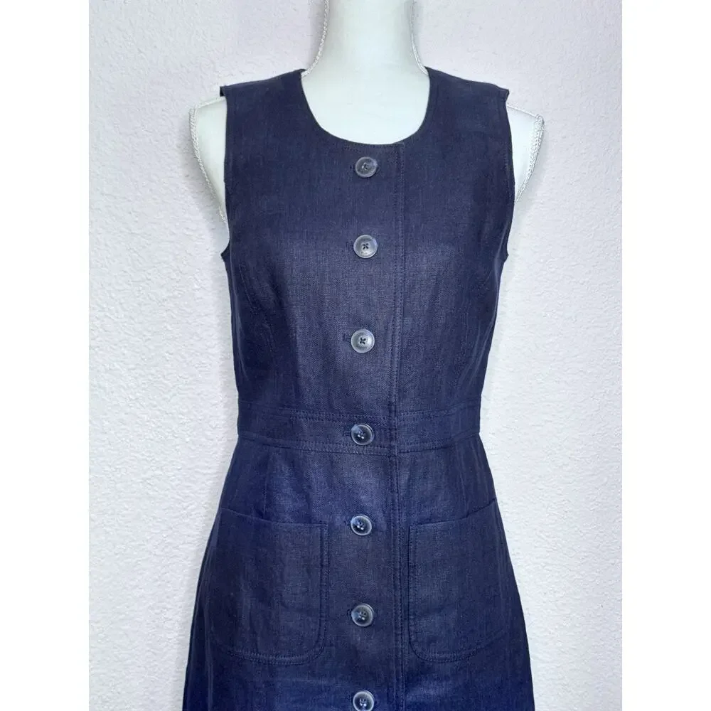 Tory Burch Navy Blue Button Front Linen Shift Dress Size 2 Sleeveless Pockets